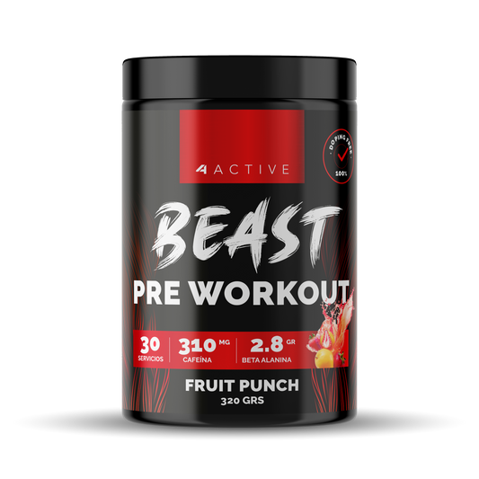 4Active Pre Entreno Beast Fruit Punch | 30 Servicios · Beta Alanina + 310 Cafeína