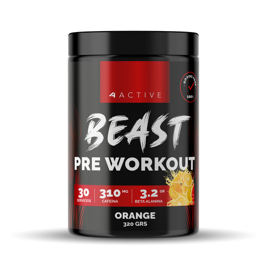 4Active Pre Entreno Beast Naranja | 30 Servicios · Beta Alanina + 310 Cafeína · Energía