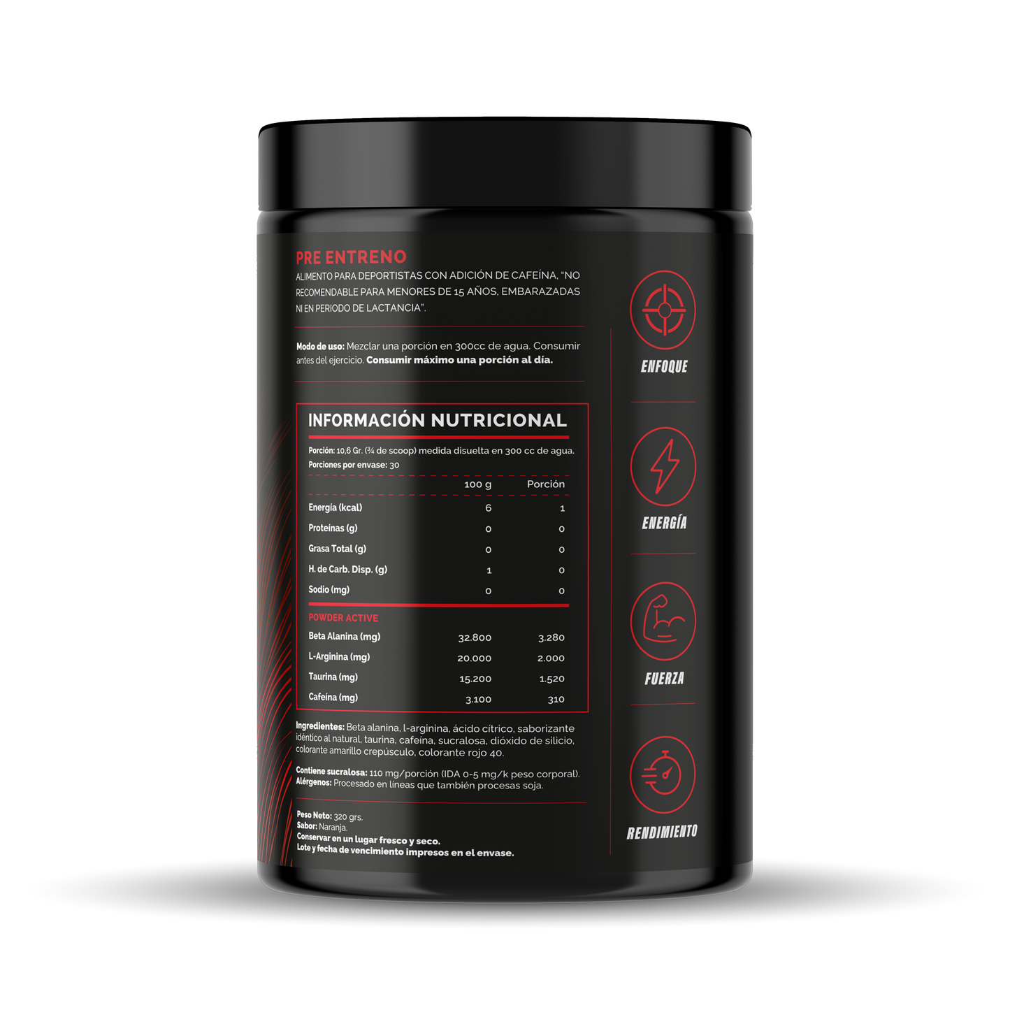 4Active Pre Entreno Beast Naranja | 30 Servicios · Beta Alanina + 310 Cafeína · Energía