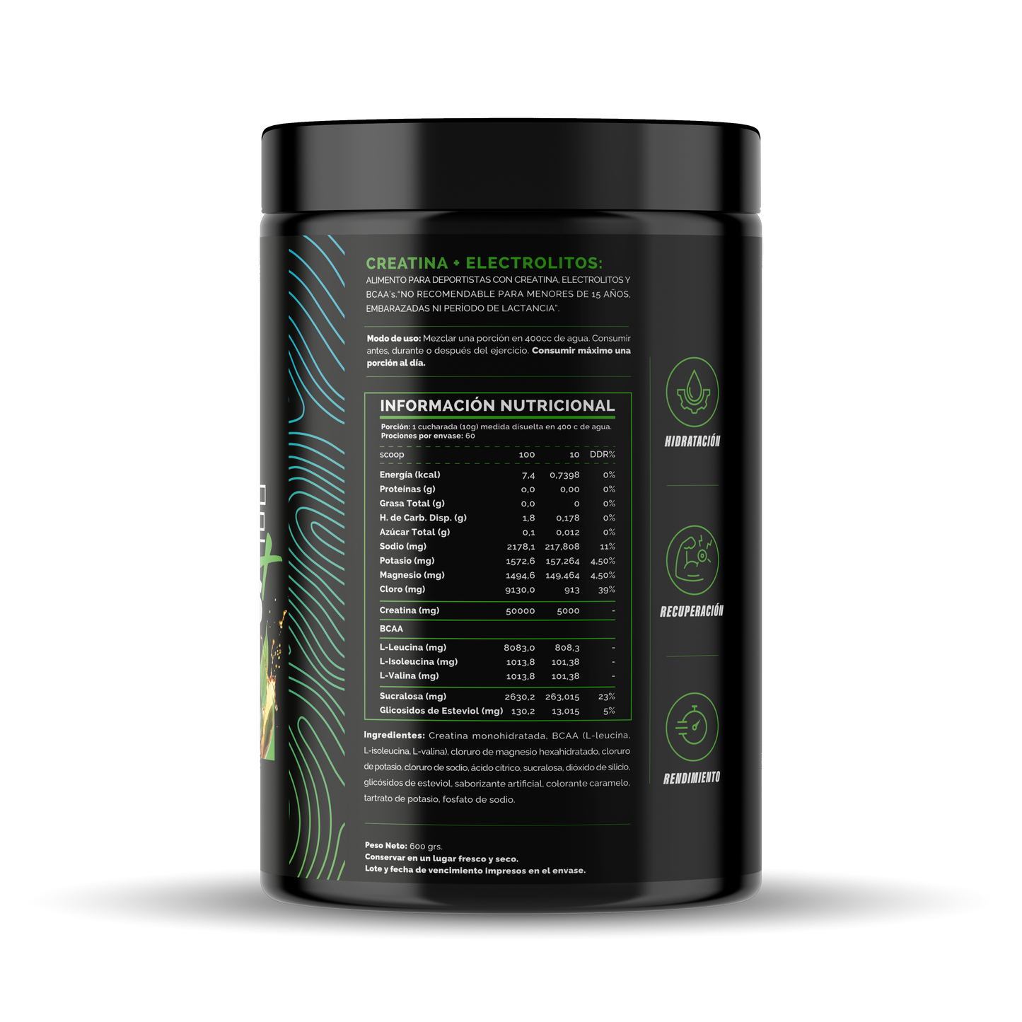 4Active Creatina con Electrolitos 600g | 60 Servicios · 5g por porción · Hidratación y Rendimiento