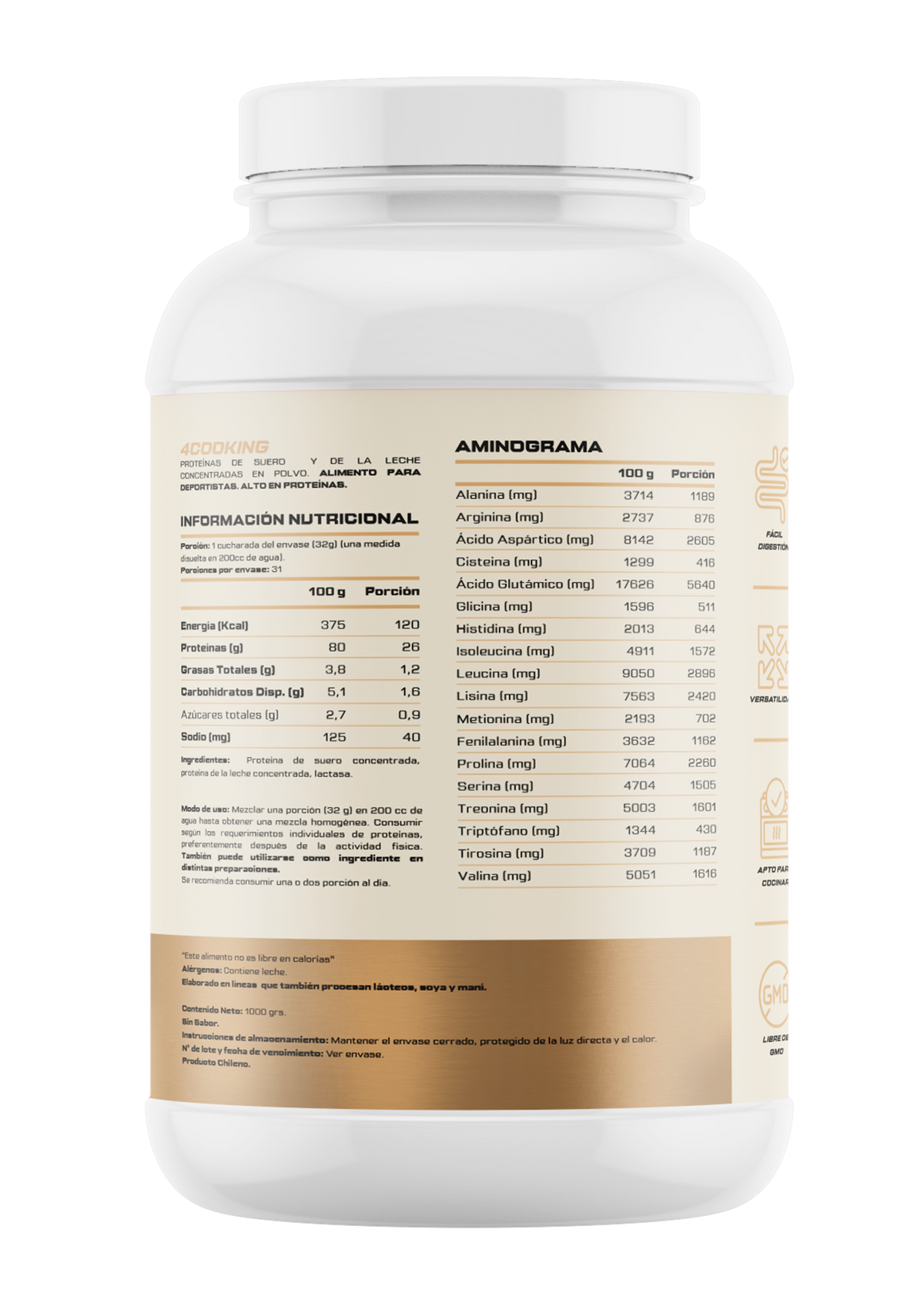 4Active 4Cooking | 31 Servicios · 80% Proteína · 26gr Proteína · 1000 grs