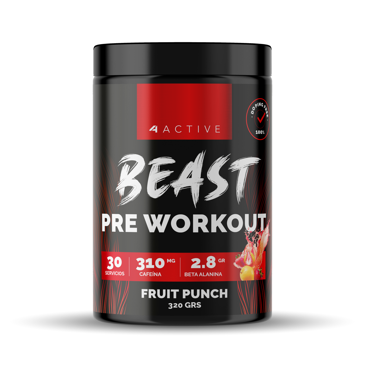 4Active Pre Entreno Beast Fruit Punch | 30 Servicios · Beta Alanina + 310 Cafeína