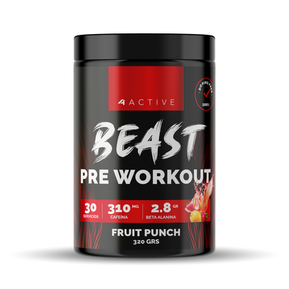 4Active Pre Entreno Beast Fruit Punch | 30 Servicios · Beta Alanina + 310 Cafeína