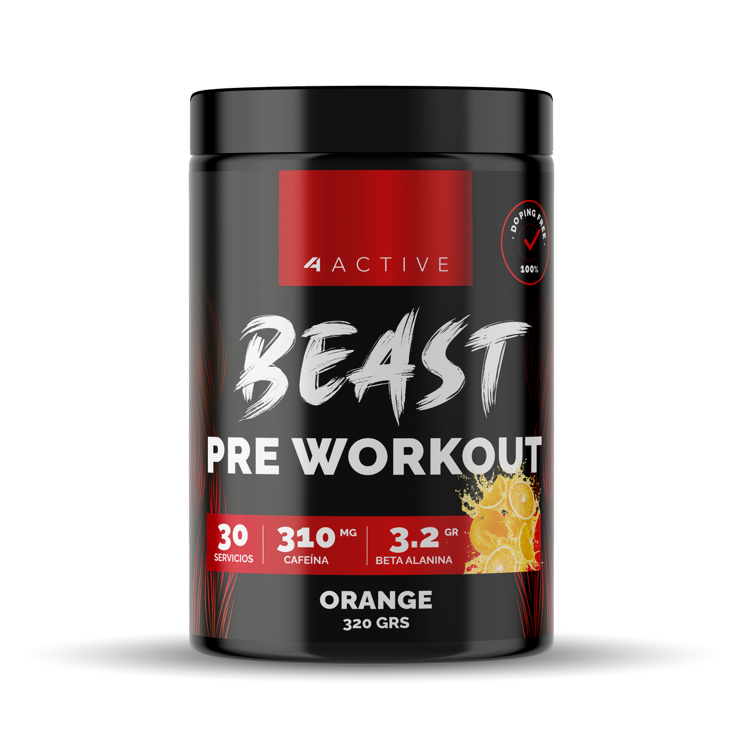 4Active Pre Entreno Beast Naranja | 30 Servicios · Beta Alanina + 310 Cafeína · Energía