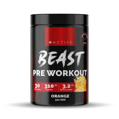 4Active Pre Entreno Beast Naranja | 30 Servicios · Beta Alanina + 310 Cafeína · Energía