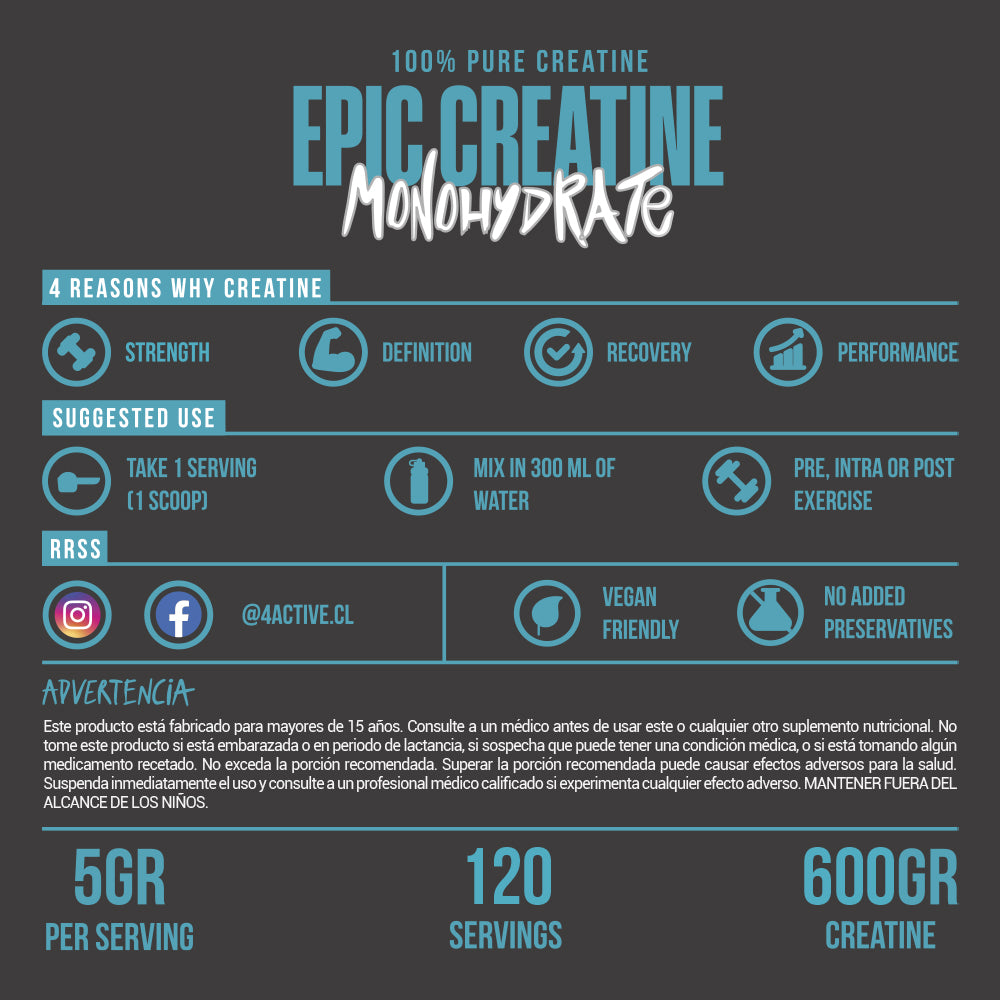 Epic Creatine Monohydrate 600 gramos - 4Active®