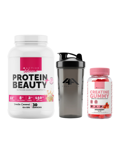Protein Beauty 30 Servicios · 22g Proteína + Creatine Gummy 30 Servicios + Shaker 4active 750 ml