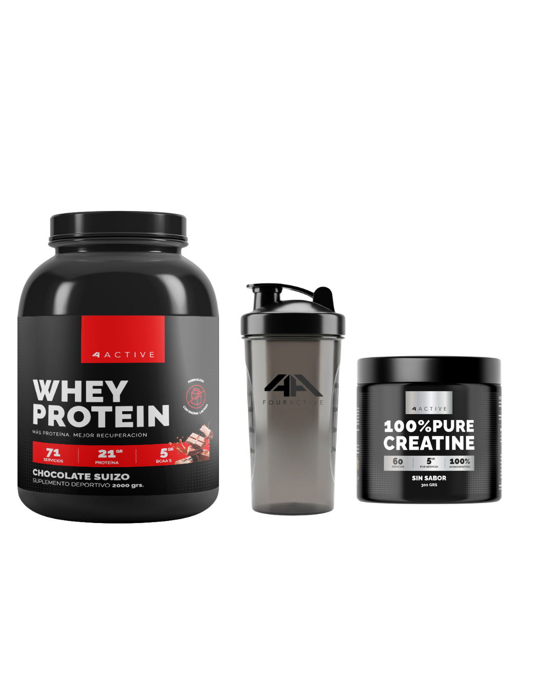 Whey Protein 2 Kg + Creatina 300 gramos + Shaker 4active