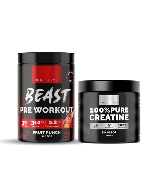 4Active Pack Creatina Monohidratada + Pre Entreno Beast | Fuerza + Energía · Dúo Rendimiento